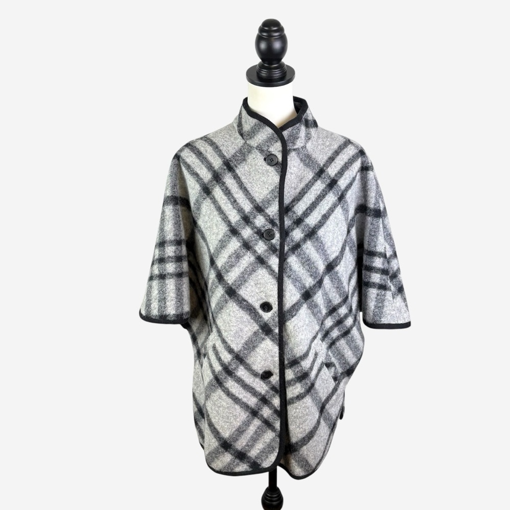 Talbots Wool Blend Gray Plaid Button Up Cape Poncho Coat XS Oversized - Picture 3 of 12